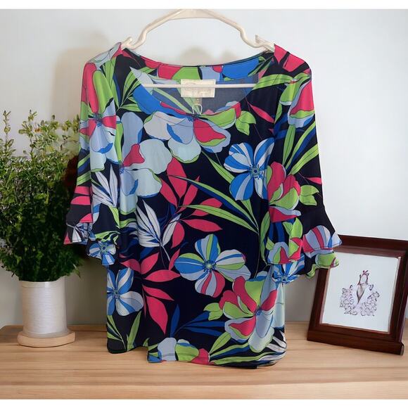 NWT Cappagallo Double Ruffle Bright navy multicolor Top Size Medium Floral Shirt - Picture 1 of 5